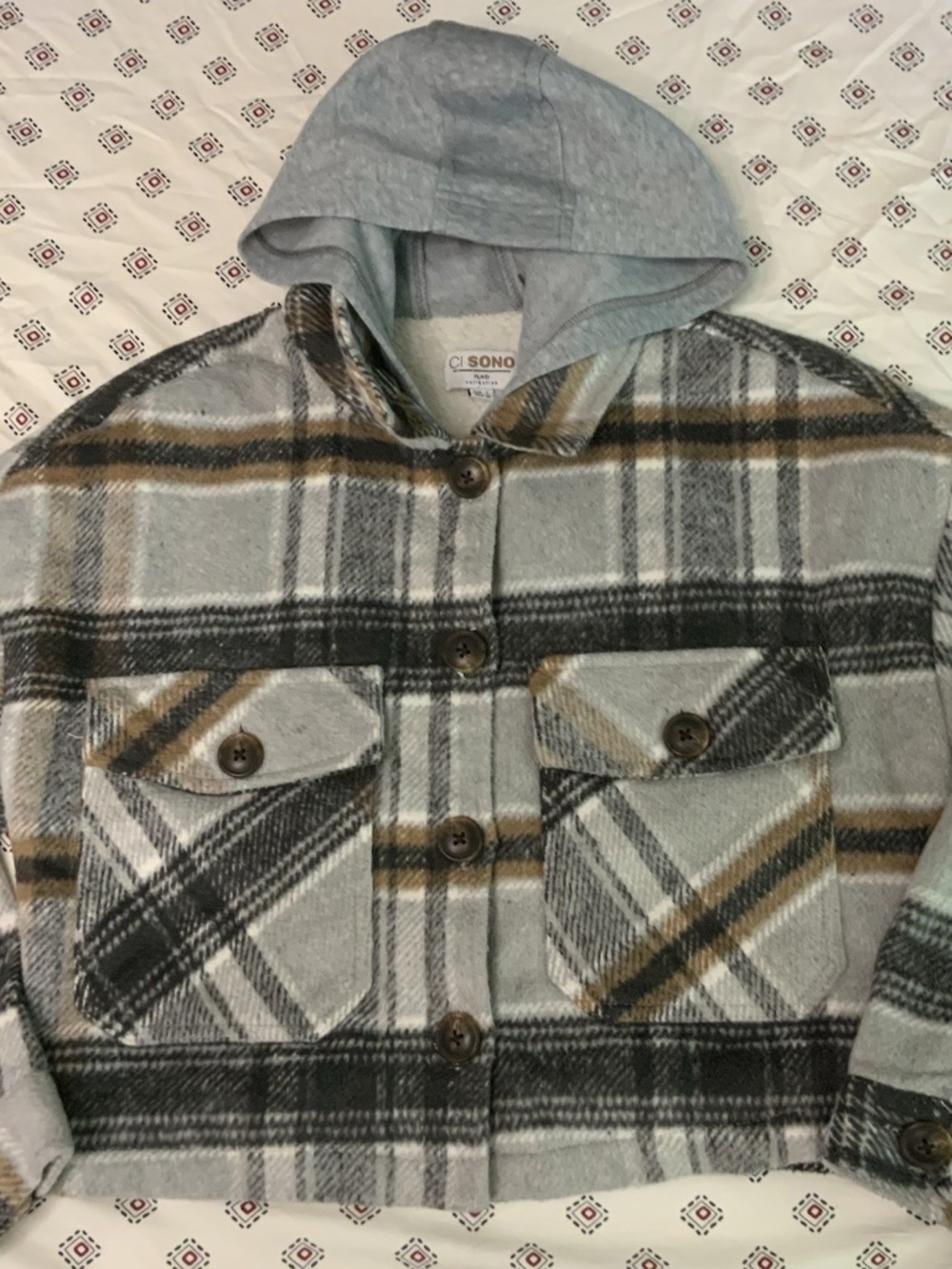 Ci Sono Men's Plaid Collection Cropped Jacket Small Flannel Pocket Hoodie Grey